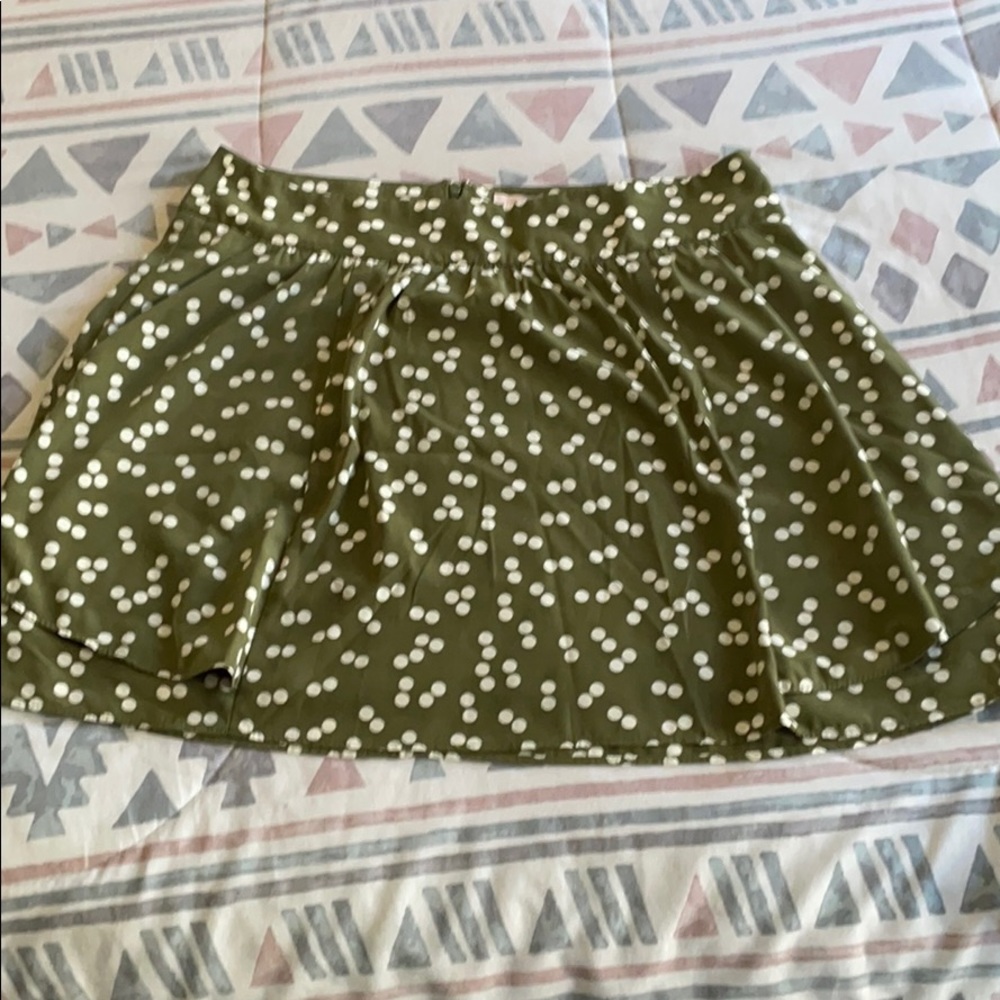 Olive green and white polka dot mini skirt